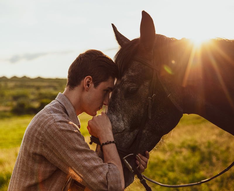 Image of young male hugging horse
